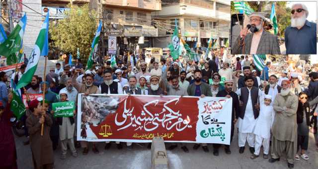 جماعت اسلامی حیدر آباد کے تحت کشمیریوں سے اظہار یکجہتی کیلیے نکالی گئی ریلی کے شرکاء سے ضلعی امیر حافظ طاہر مجید خطاب کررہے ہیں