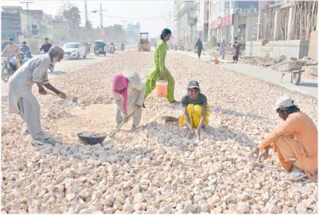 حیدرآباد: مزدور آٹو بھان روڈ کی تعمیر کے دوران کنکریٹ بچھانے کا کام کررہے ہیں