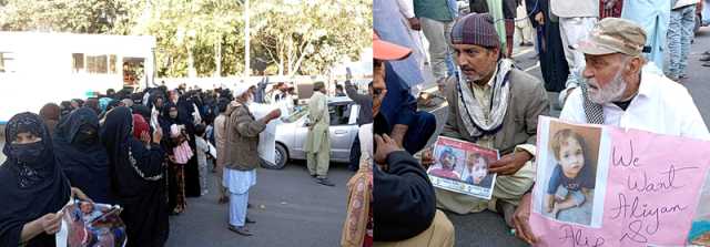 گارڈن سے لاپتا ہونے والے بچوں کے لواحقین اپنے بچوں کی بازیابی کے لیے سندھ اسمبلی کے باہر مظاہرہ کررہے ہیں